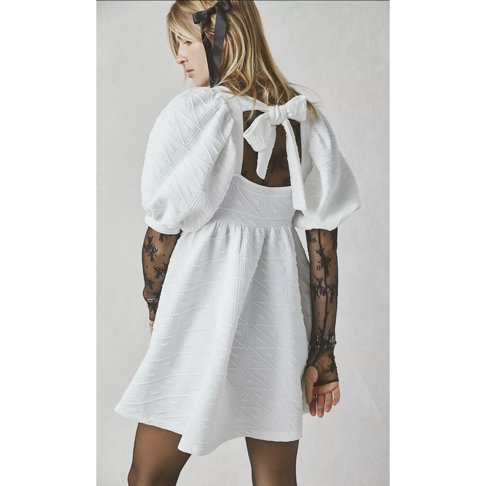 Free People White Babydoll Mini Dress Violet Square Neck Short Puff Sleeves